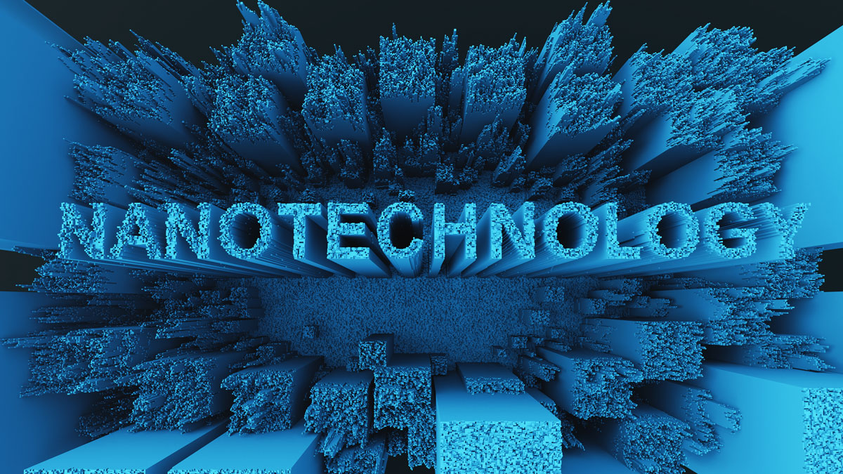"Nanotechnology" written out with abstract pillars.